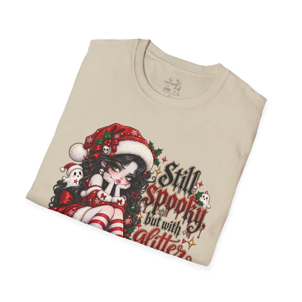 Christmas Goth T‑Shirt – "Still Spooky But With Glitter" Elf Girl Holiday Tee
