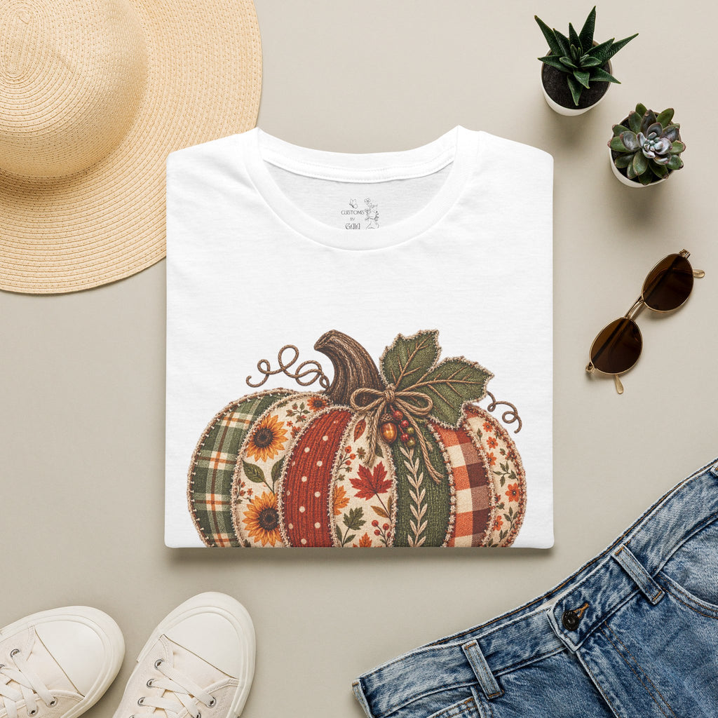 Fall Patchwork Pumpkin T-Shirt — Plaid & Floral Autumn Tee