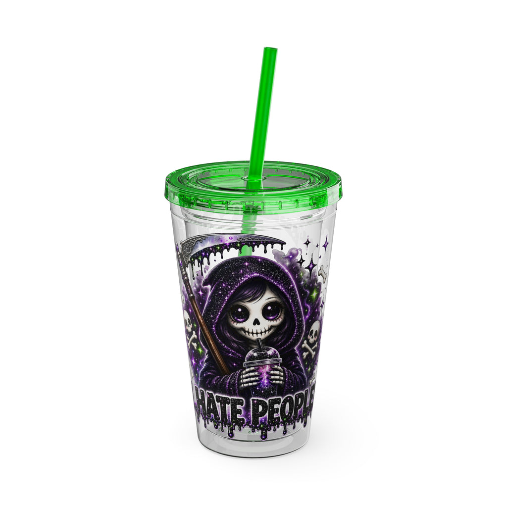 16oz Tumbler with Straw — Purple Grim Reaper “I Hate People” Graphic Cold Cup