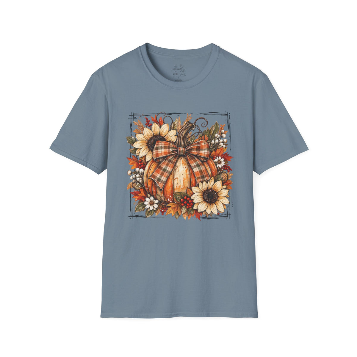 Pumpkin & Sunflower Fall T-Shirt — Plaid Pumpkin Autumn Graphic Tee