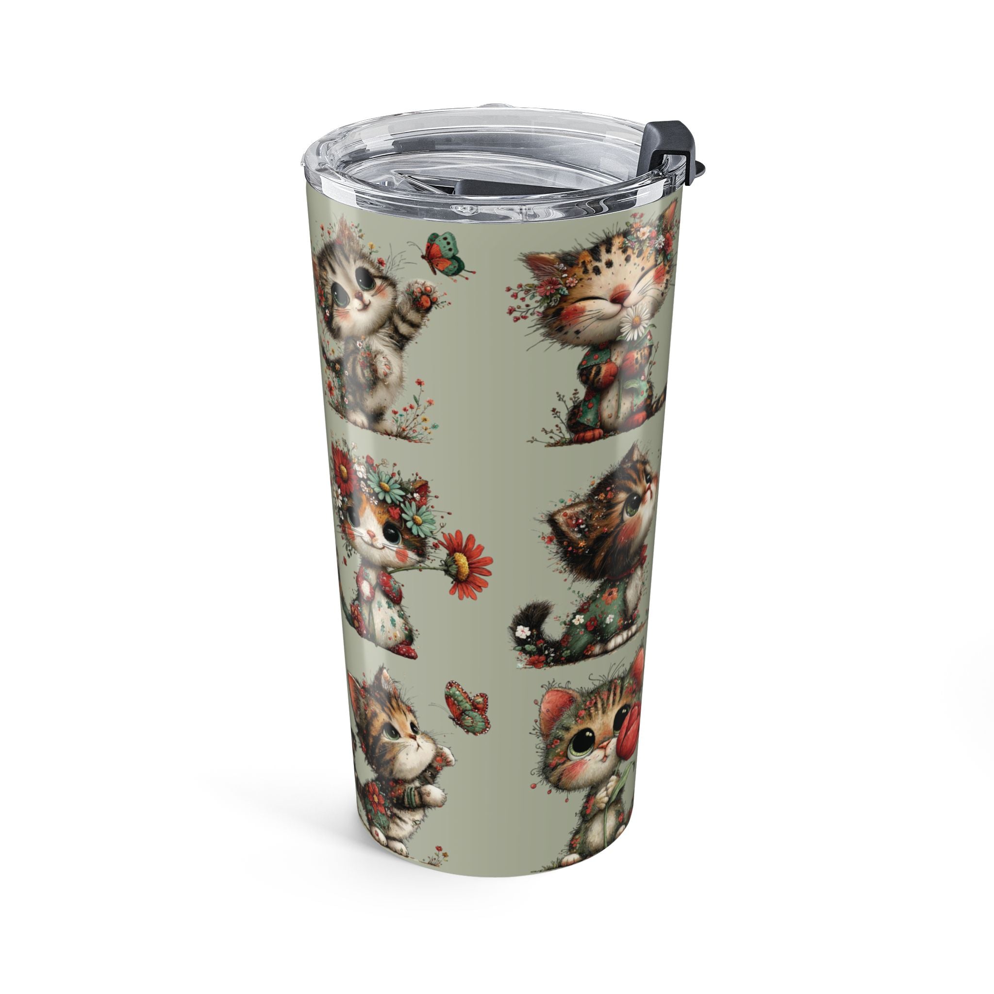 20oz Whimsical Cat Floral Tumbler — Cute Vintage Kittens Travel Cup