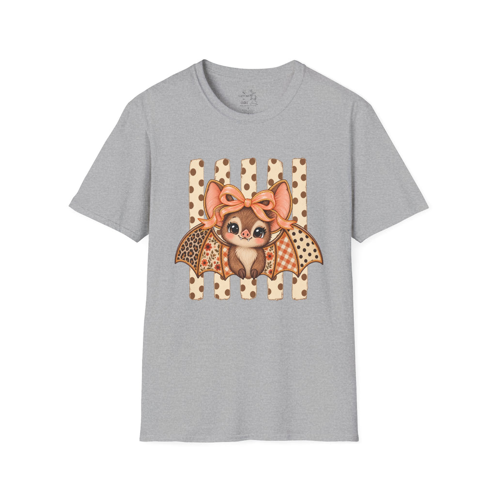 Cute Bat Tee — Adorable Bat with Bow Graphic T-Shirt (Leopard Striped Background)