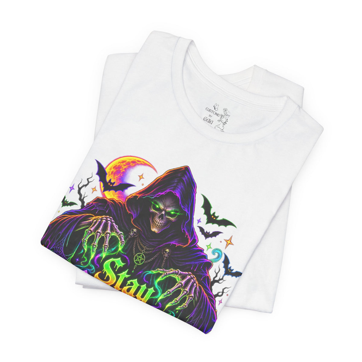Stay Spooky Halloween Tee — Neon Grim Reaper & Haunted Castle Graphic T-Shirt