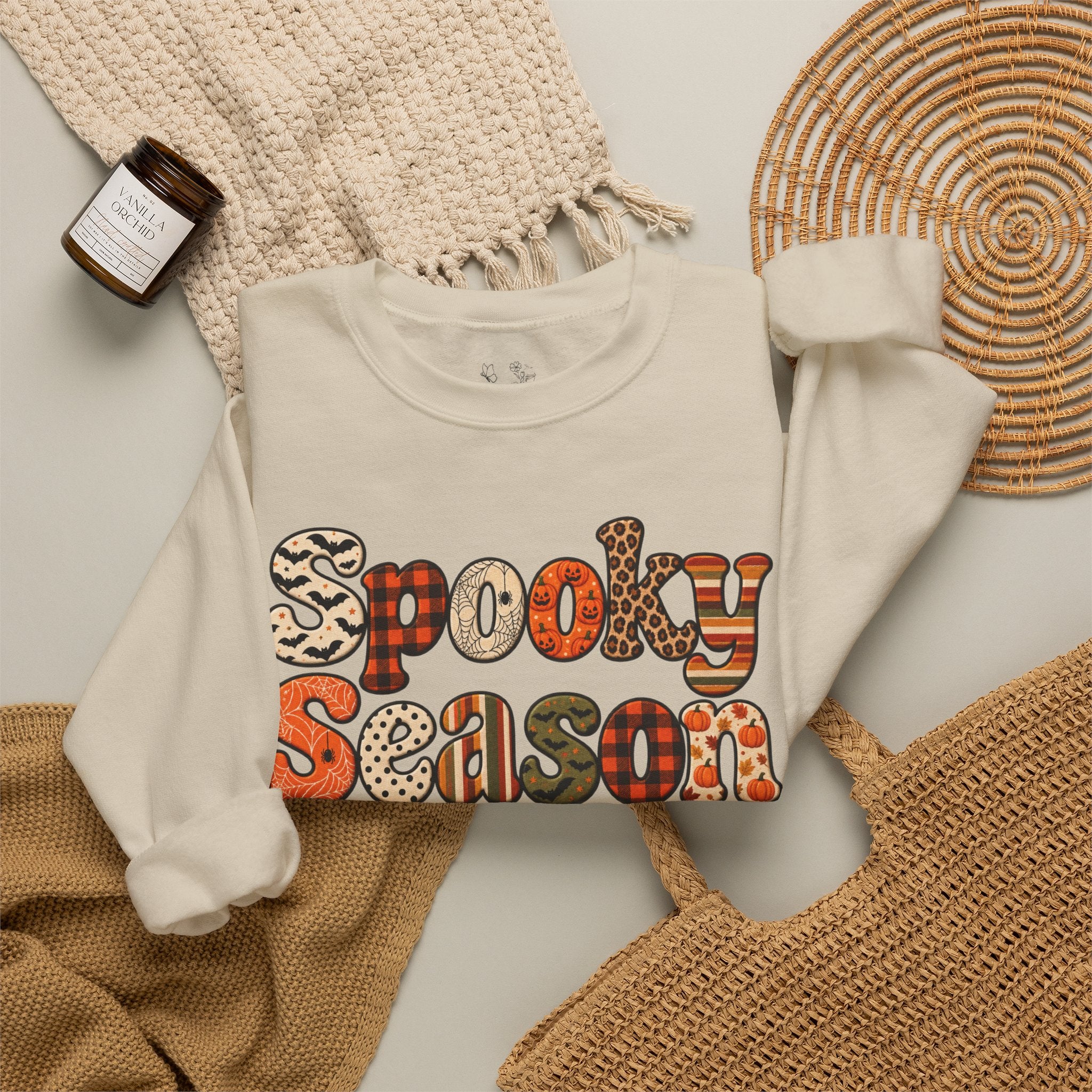 Spooky Season Sweatshirt — Retro Patterned Halloween Crewneck
