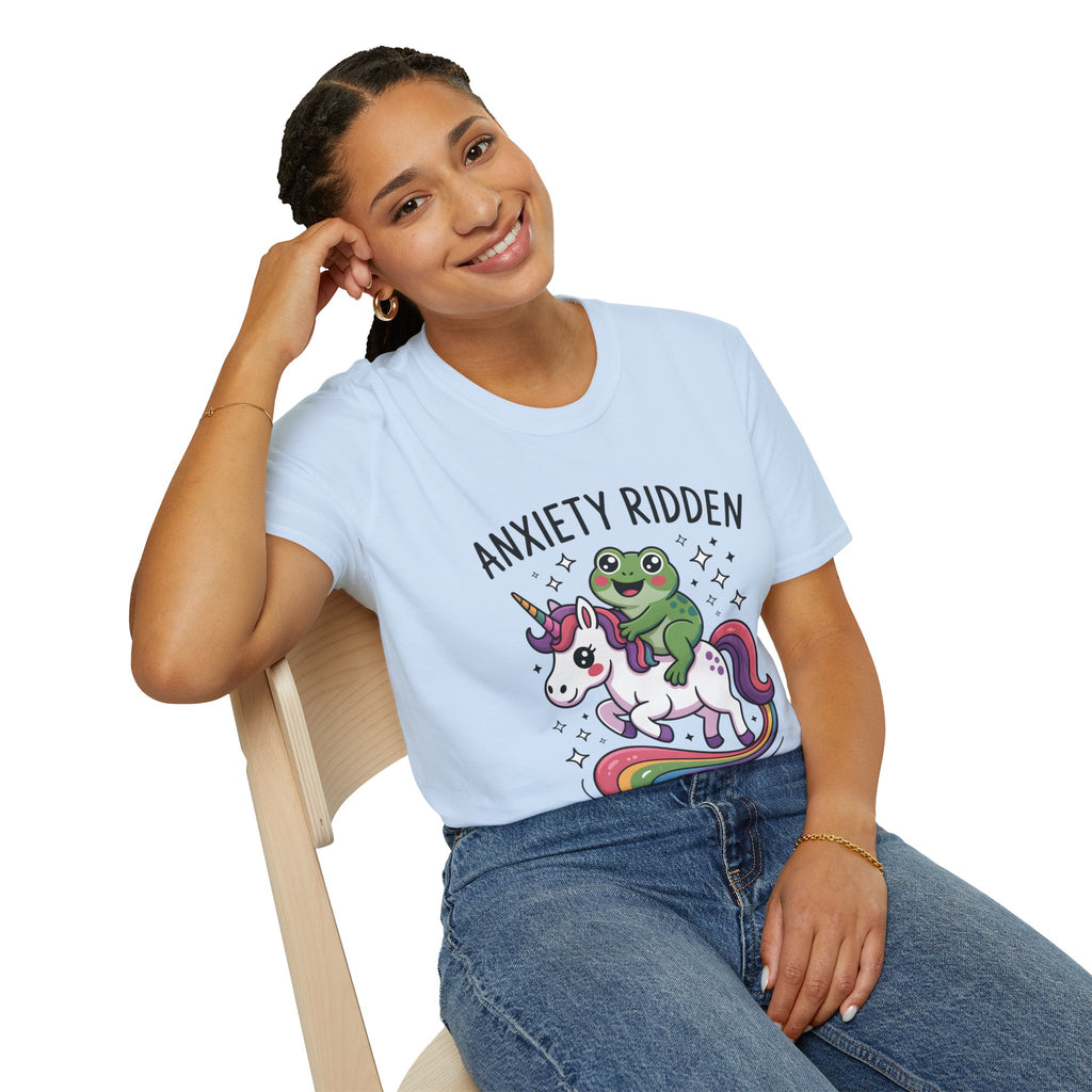 Anxiety Ridden Frog on Unicorn T-Shirt — Cute Mental Health Awareness Graphic Tee