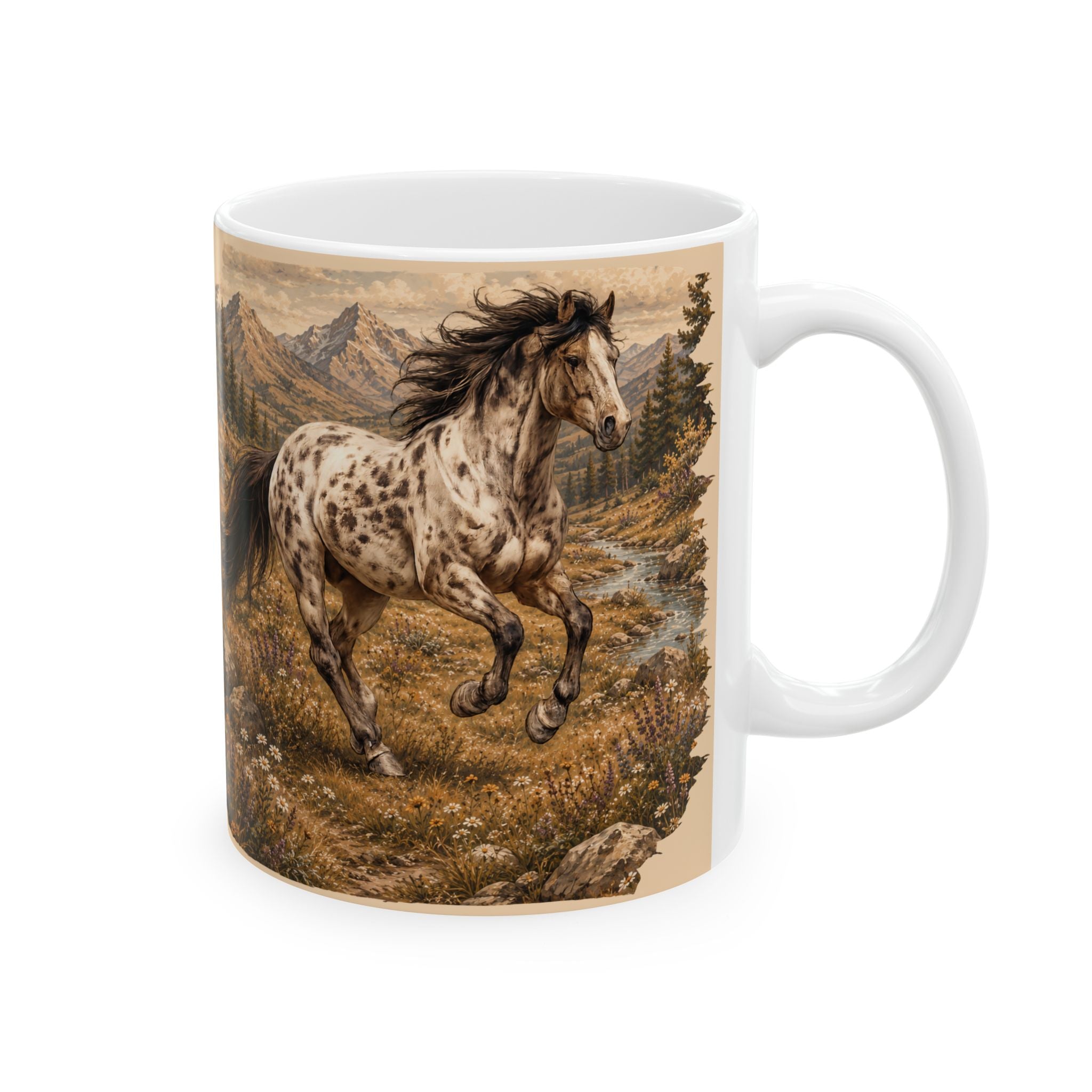 Wild Meadow Horse Ceramic Mug — Scenic Appaloosa Mountain Coffee Cup (11oz & 15oz)