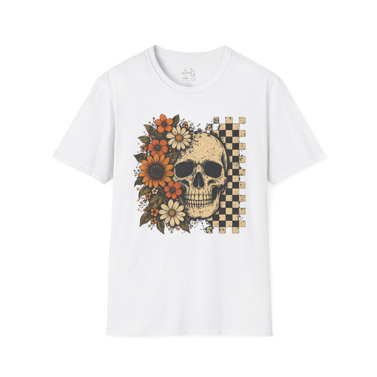 Floral Skull T-Shirt – Gothic Sunflower Checkerboard Design