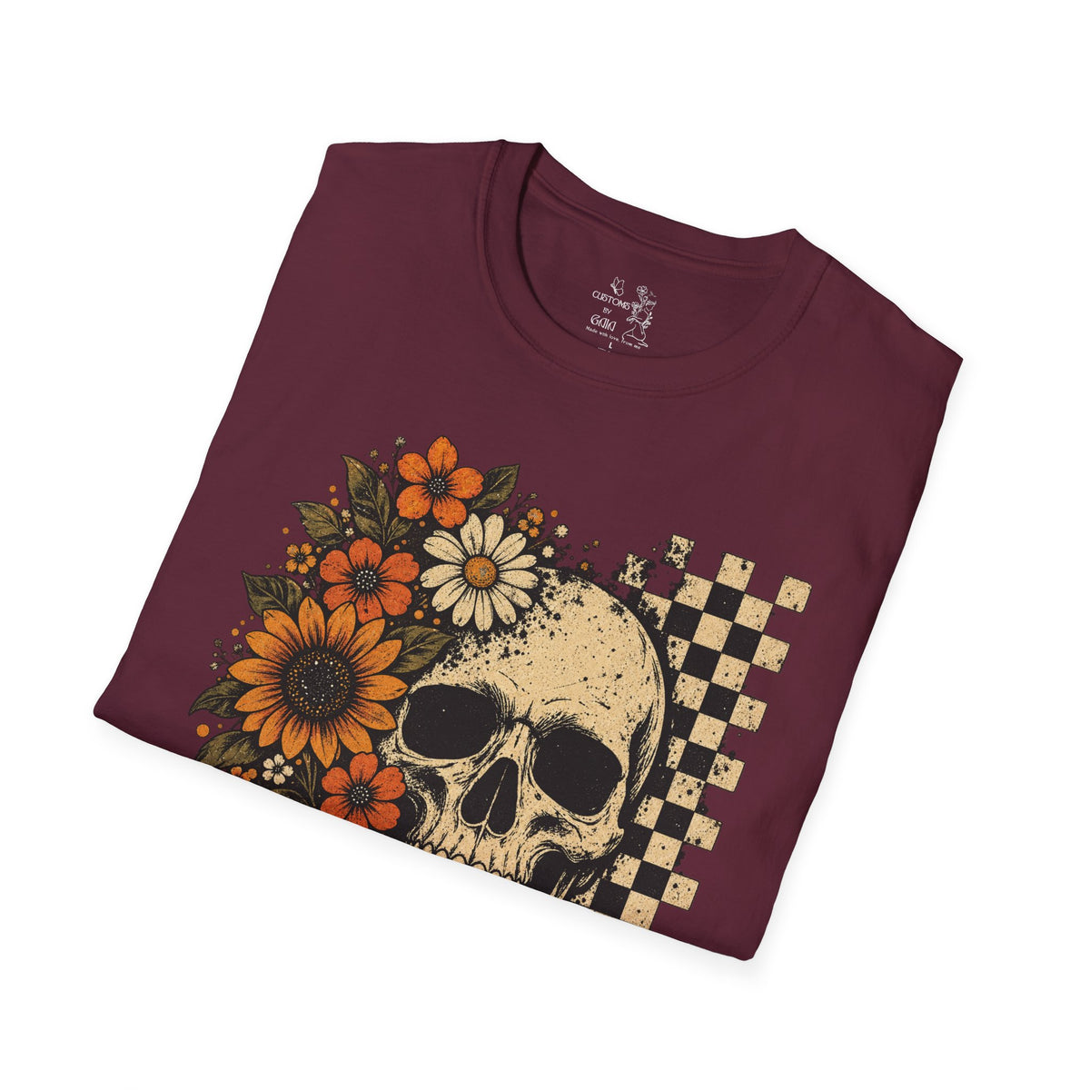 Floral Skull T-Shirt – Gothic Sunflower Checkerboard Design