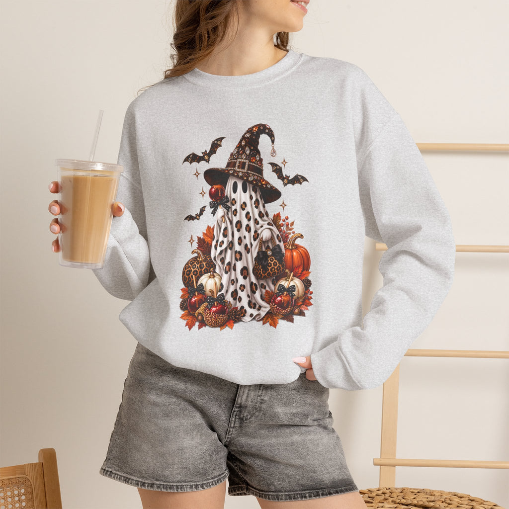 Halloween Ghost Sweatshirt – Spooky Gnome with Witch Hat, Pumpkins & Bats Crewneck