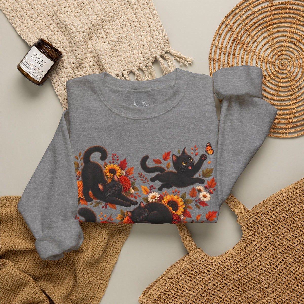 Autumn Black Cats Crewneck Sweatshirt — Fall Floral Halloween Cat Design