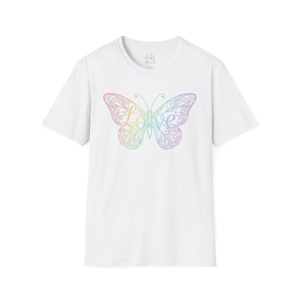 Butterfly "Love" T-Shirt — Pastel Rainbow Filigree Design