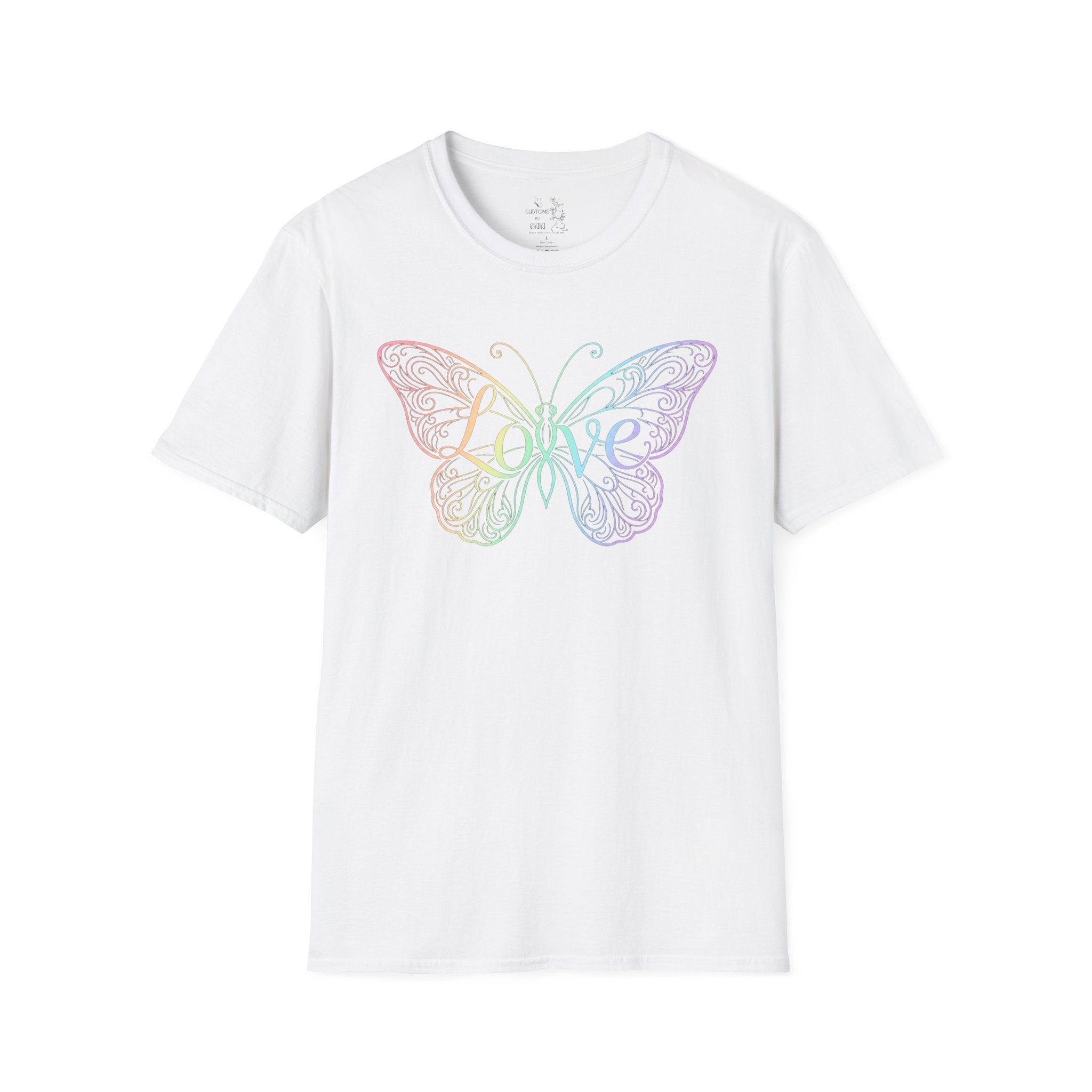 Butterfly "Love" T-Shirt — Pastel Rainbow Filigree Design