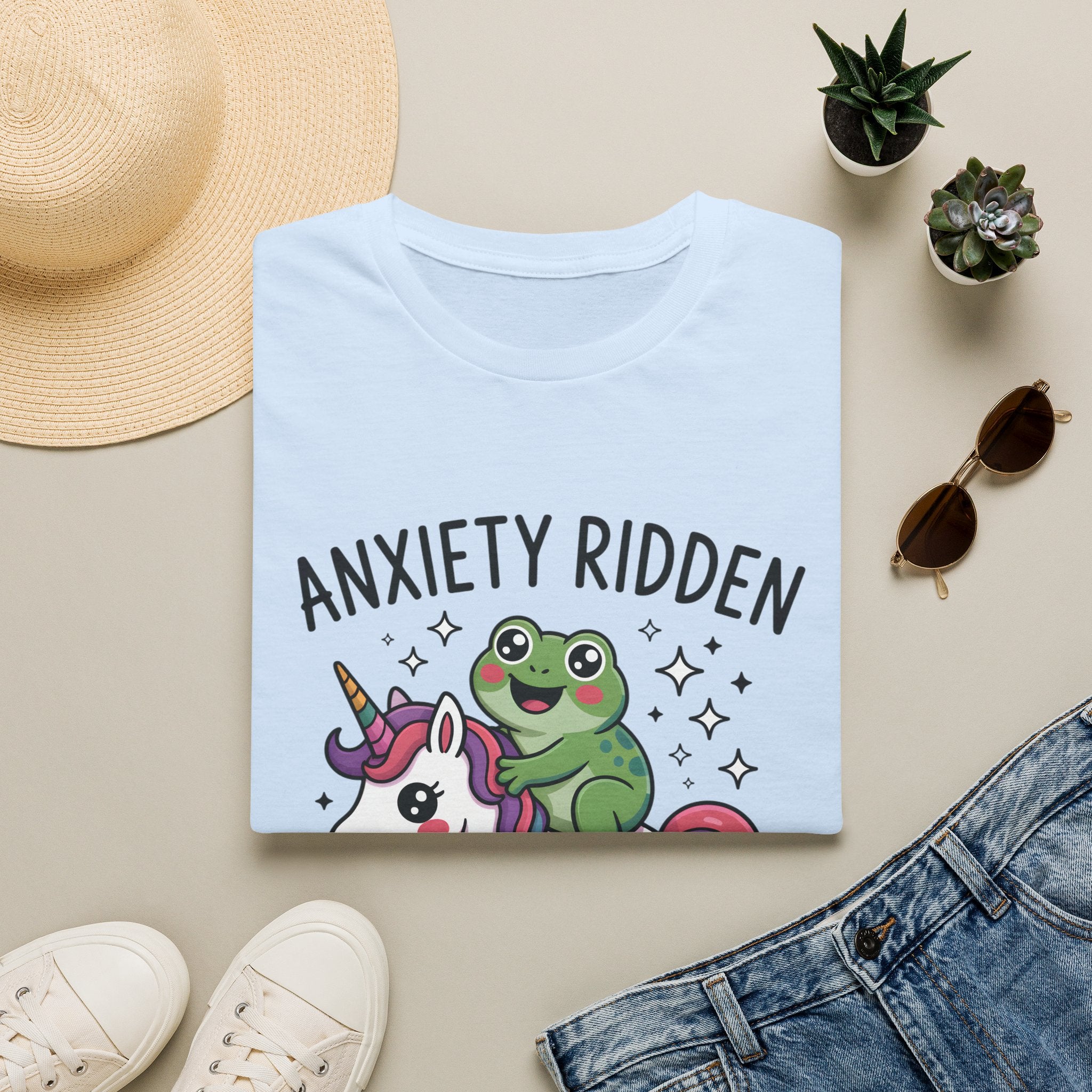 Anxiety Ridden Frog on Unicorn T-Shirt — Cute Mental Health Awareness Graphic Tee