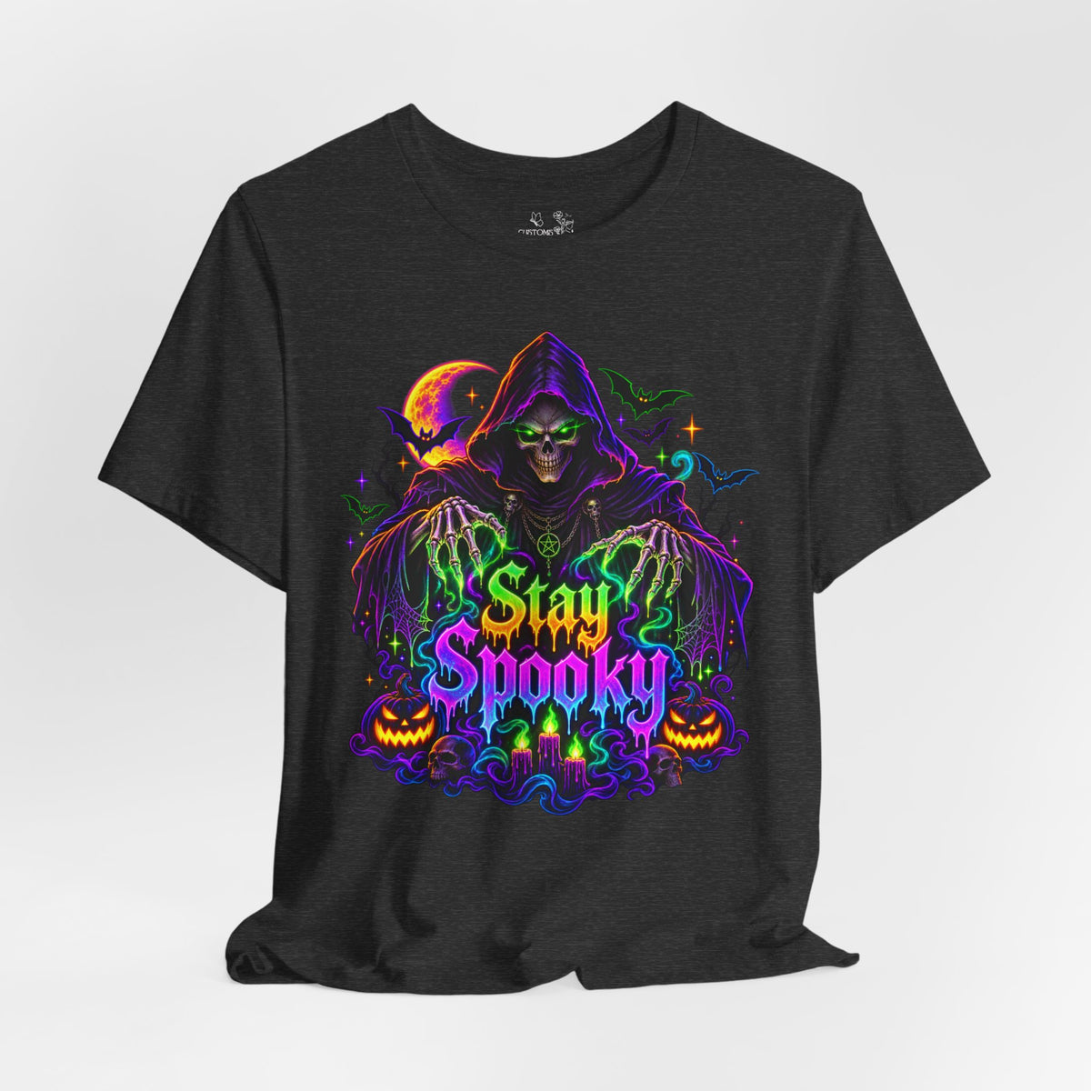 Stay Spooky Halloween Tee — Neon Grim Reaper & Haunted Castle Graphic T-Shirt