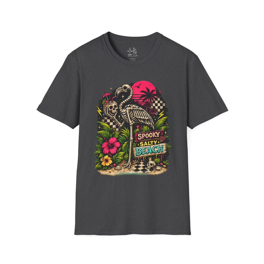 Spooky Salty Beach T-Shirt — Retro Skeleton Pelican Sunset Tee