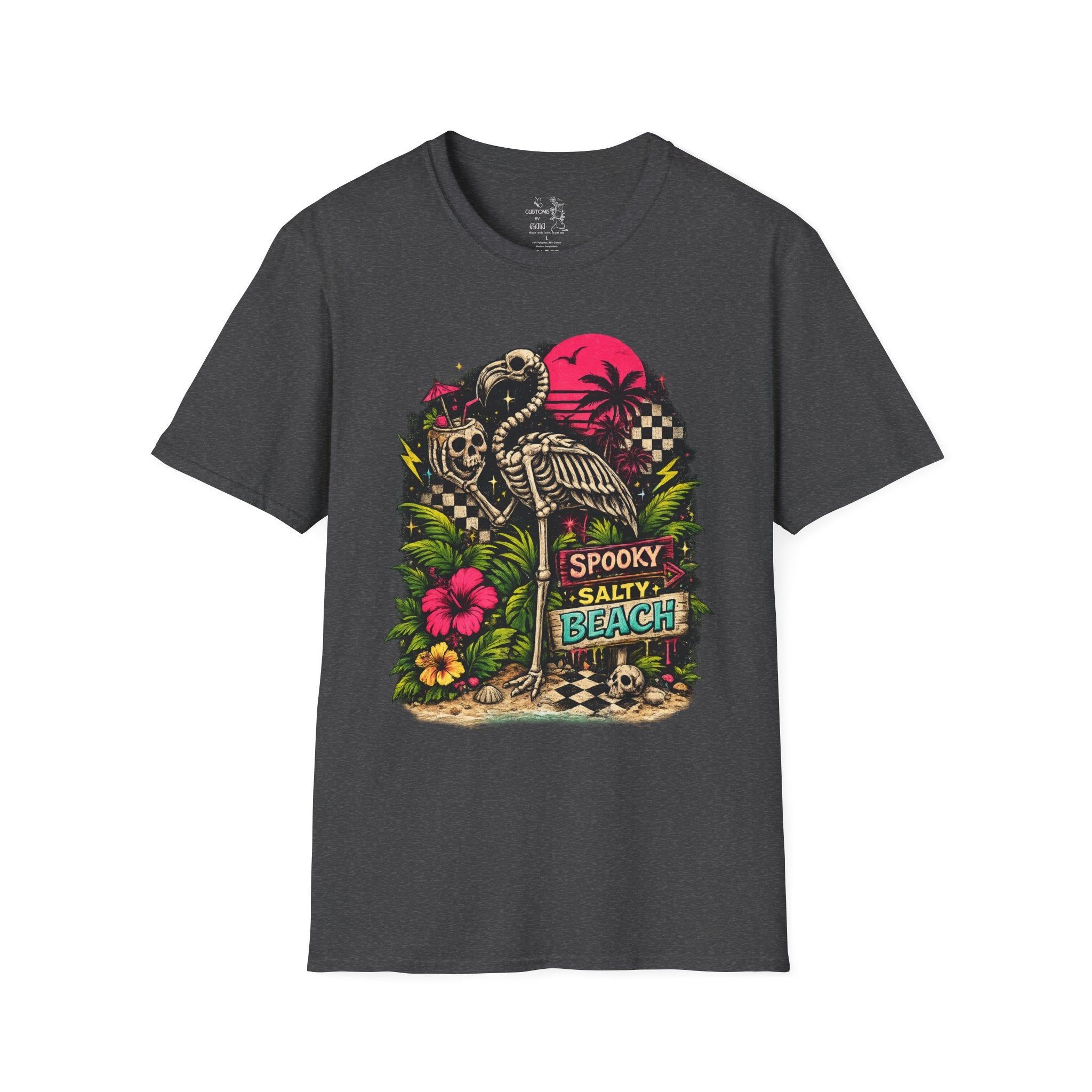 Spooky Salty Beach T-Shirt — Retro Skeleton Pelican Sunset Tee