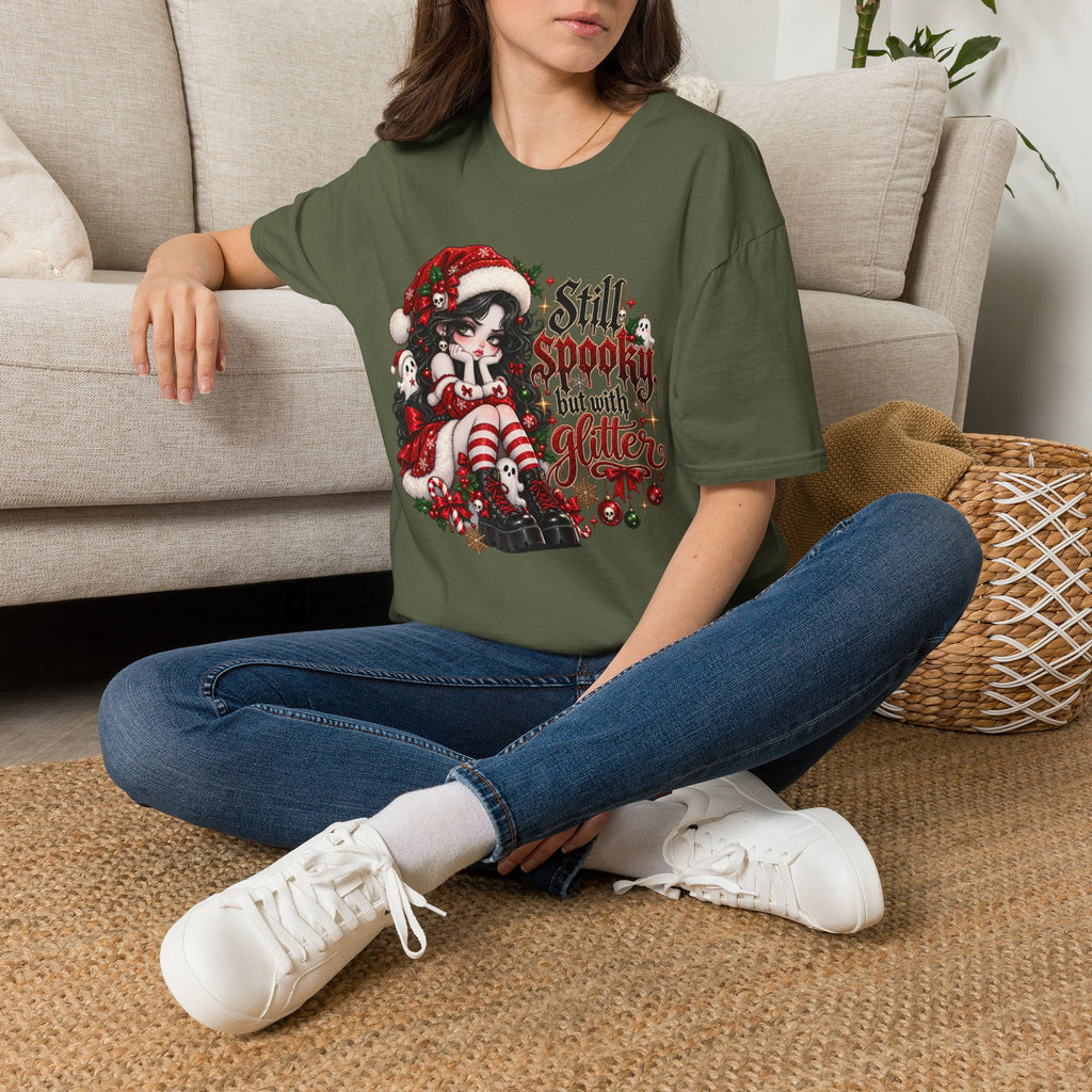 Christmas Goth T‑Shirt – "Still Spooky But With Glitter" Elf Girl Holiday Tee