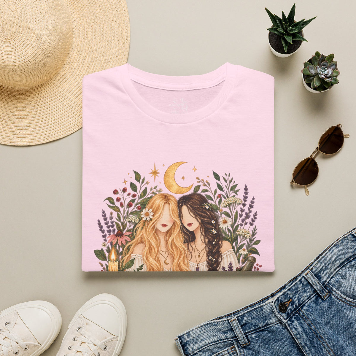 Witchy Sisters T-Shirt – 'Practical Magic' Boho Moon Witch Illustration