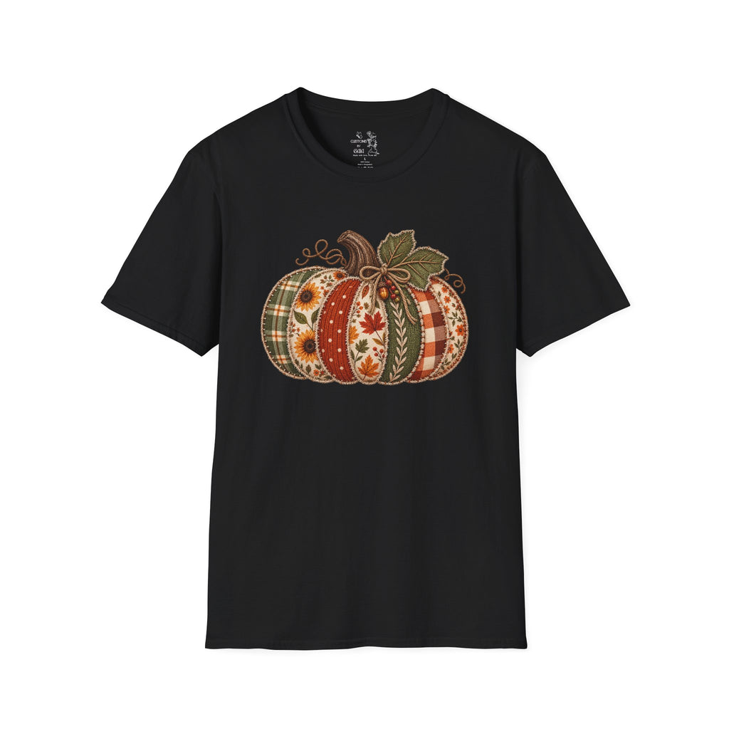 Fall Patchwork Pumpkin T-Shirt — Plaid & Floral Autumn Tee