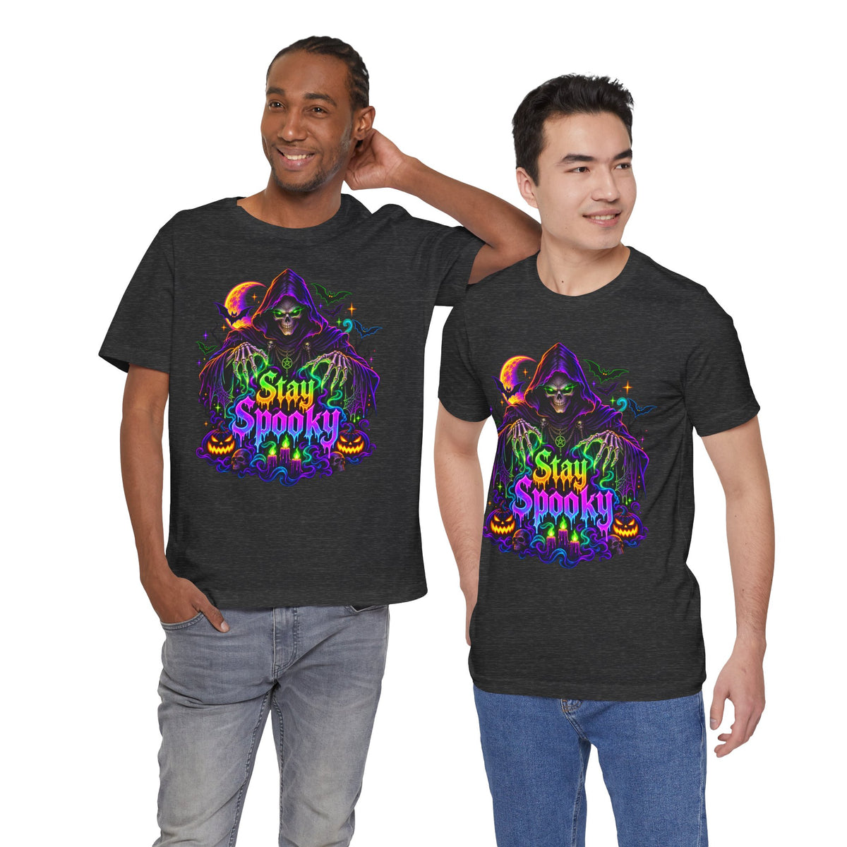 Stay Spooky Halloween Tee — Neon Grim Reaper & Haunted Castle Graphic T-Shirt