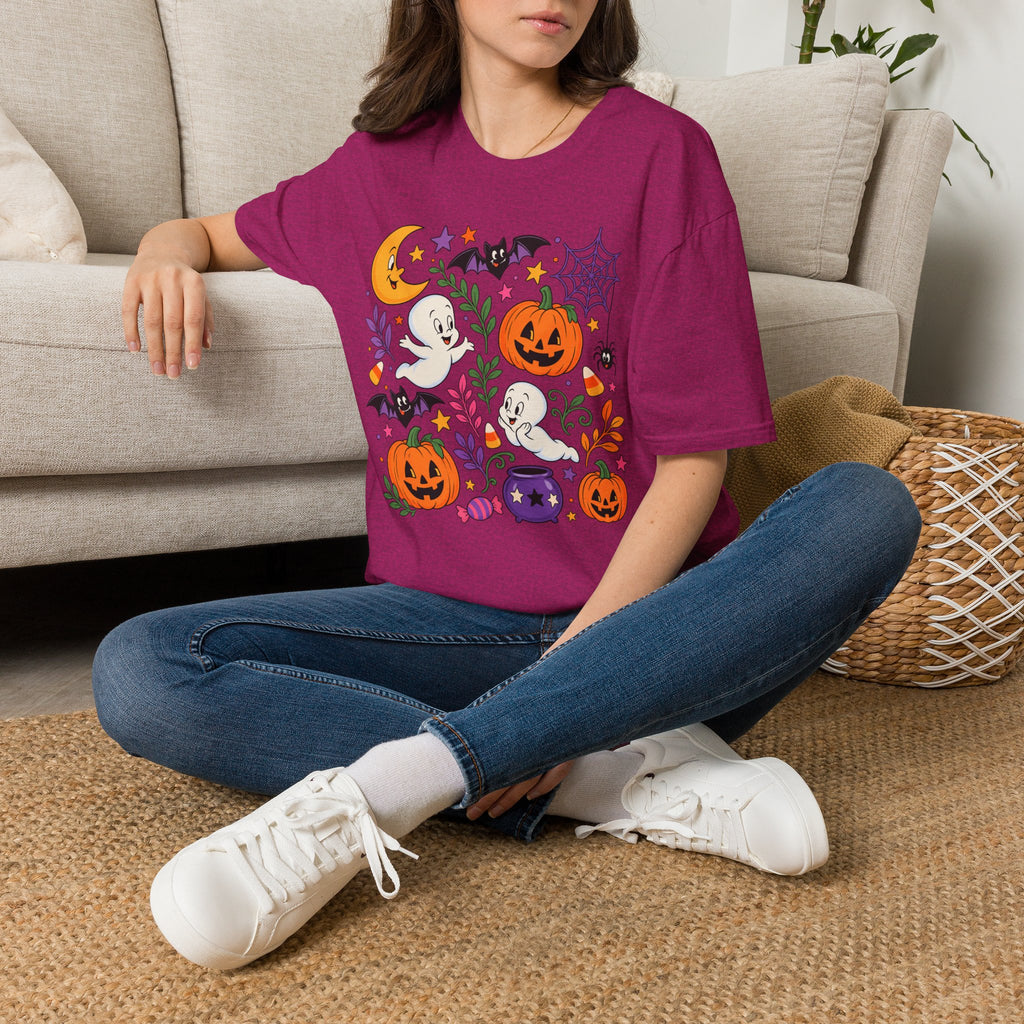 Cute Halloween T-Shirt — Friendly Ghosts, Pumpkins & Bats Graphic