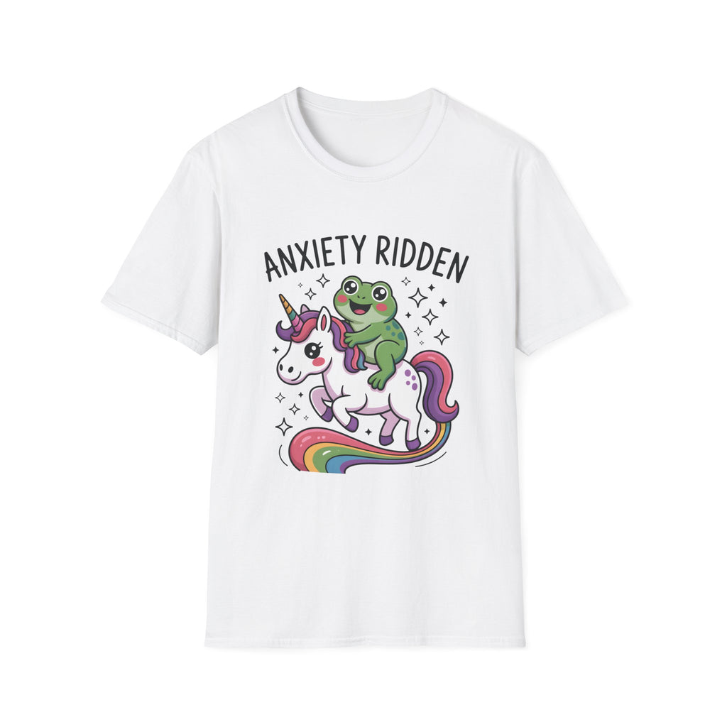 Anxiety Ridden Frog on Unicorn T-Shirt — Cute Mental Health Awareness Graphic Tee