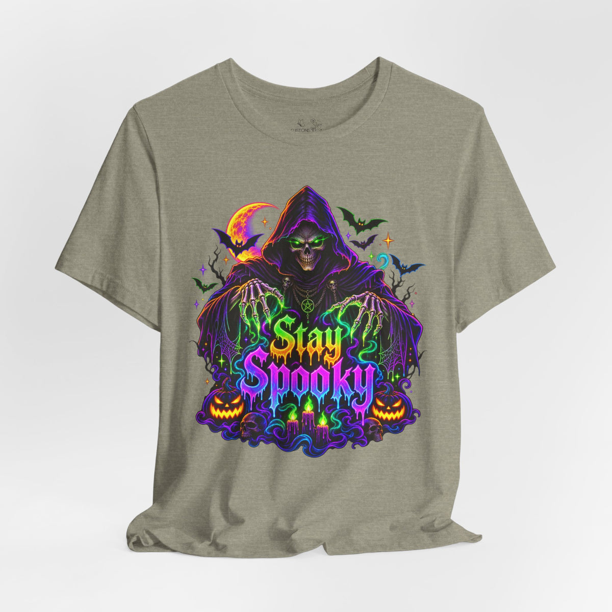 Stay Spooky Halloween Tee — Neon Grim Reaper & Haunted Castle Graphic T-Shirt