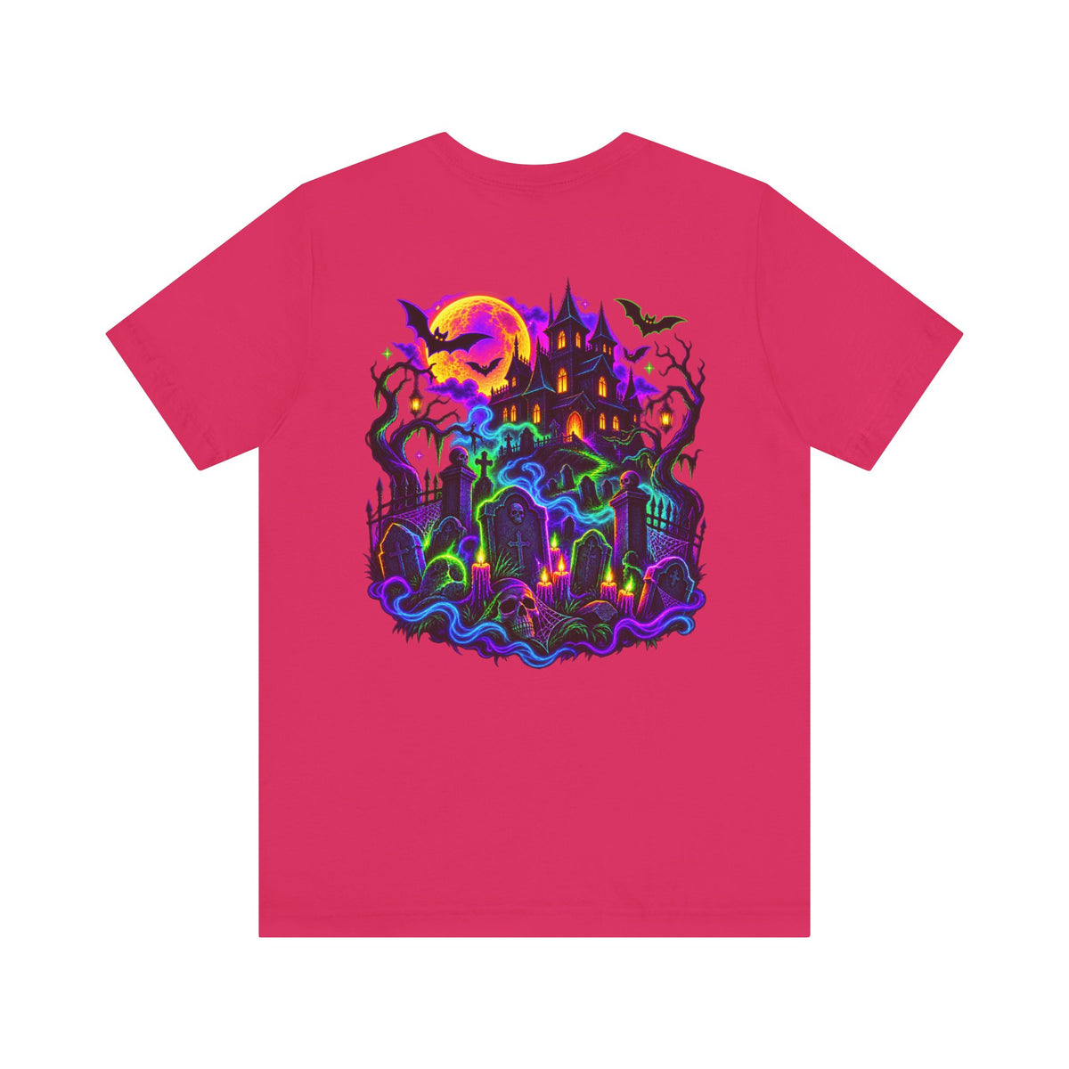 Stay Spooky Halloween Tee — Neon Grim Reaper & Haunted Castle Graphic T-Shirt