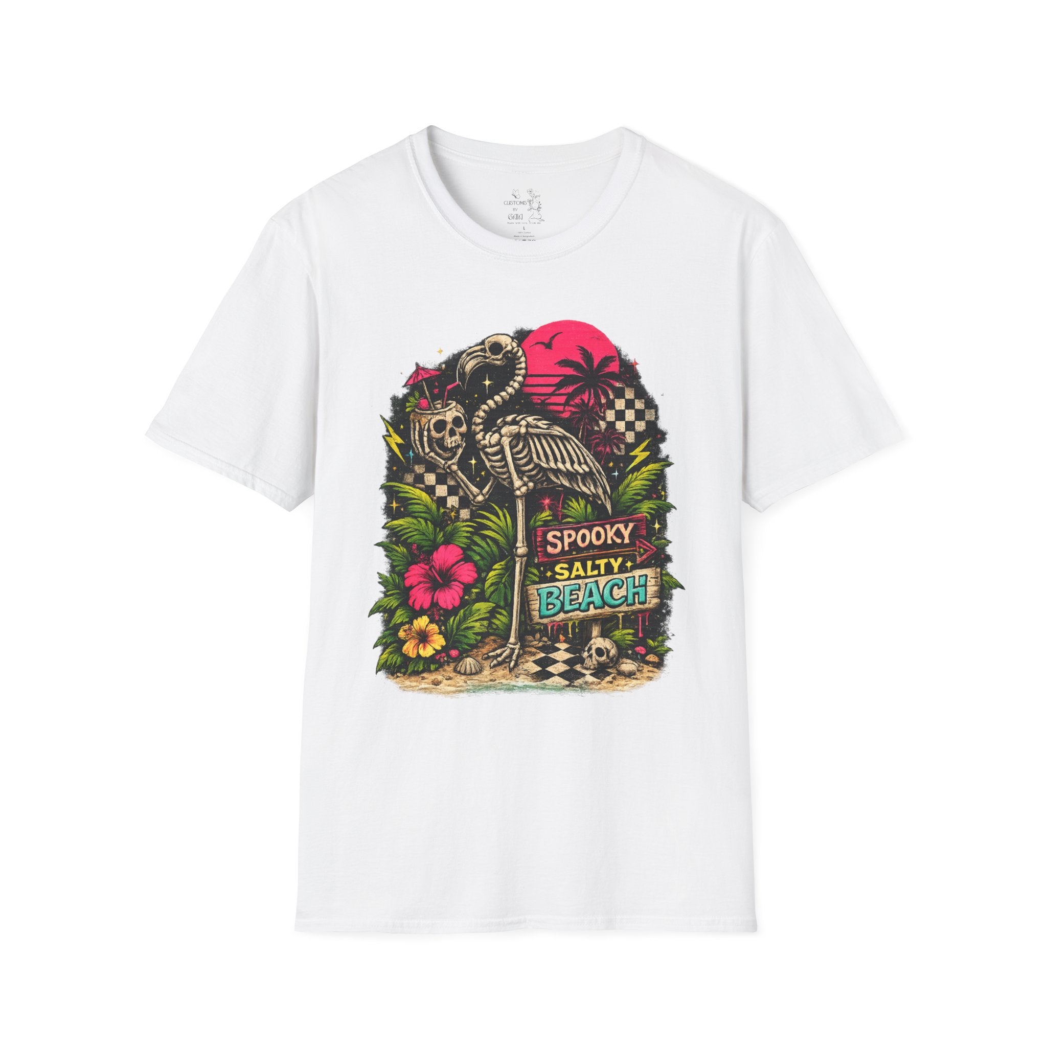 Spooky Salty Beach T-Shirt — Retro Skeleton Pelican Sunset Tee