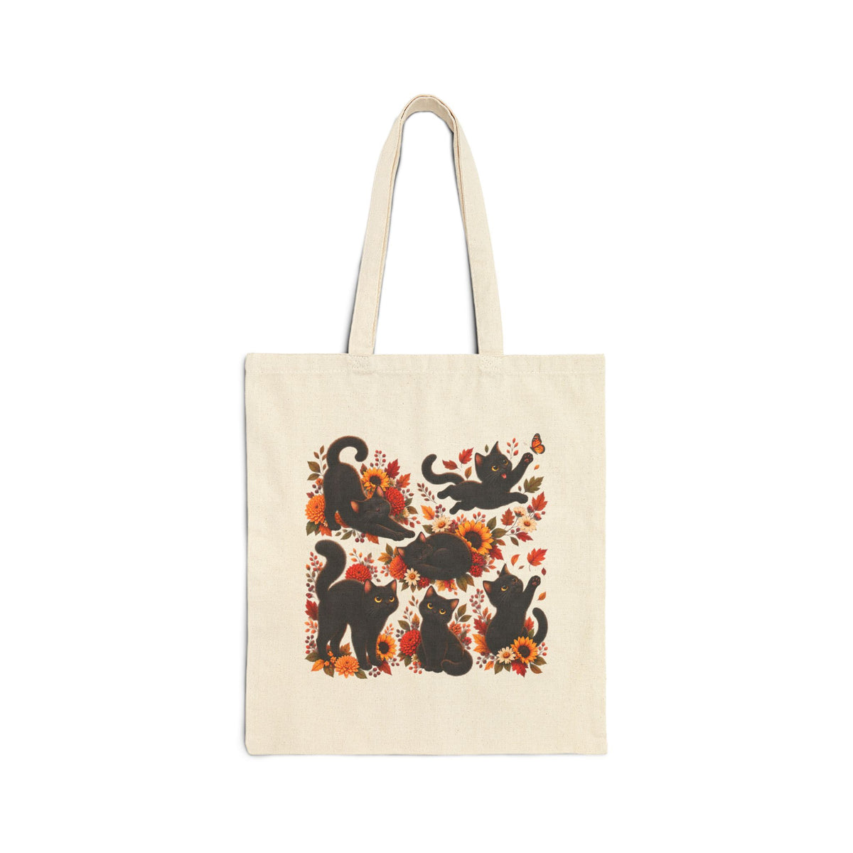 Autumn Cats Canvas Tote Bag — Black Cat Floral Fall Harvest Shopper