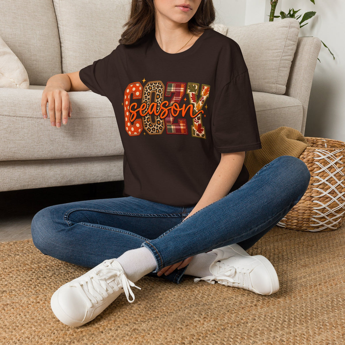 Cozy Season T-Shirt — Fall Plaid, Leopard & Pumpkin Pattern Tee