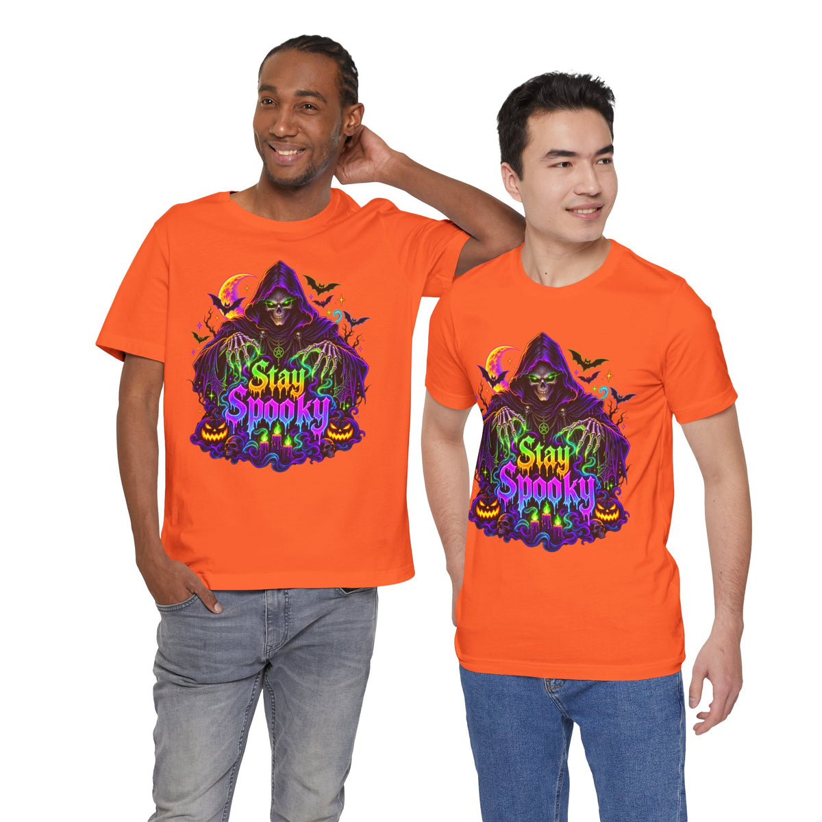 Stay Spooky Halloween Tee — Neon Grim Reaper & Haunted Castle Graphic T-Shirt