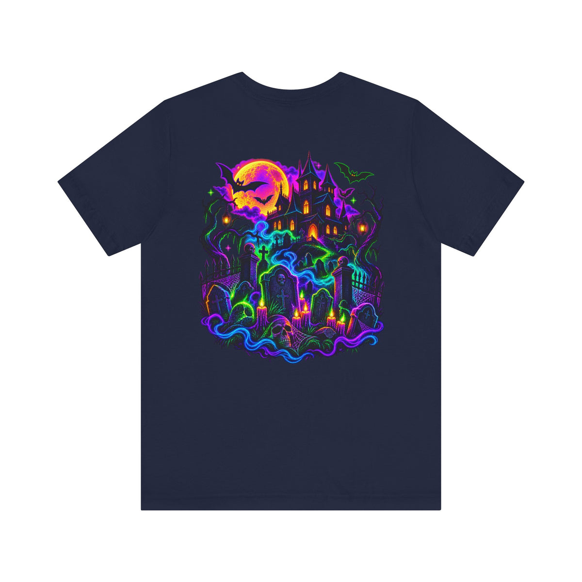 Stay Spooky Halloween Tee — Neon Grim Reaper & Haunted Castle Graphic T-Shirt
