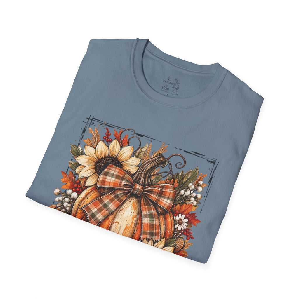 Pumpkin & Sunflower Fall T-Shirt — Plaid Pumpkin Autumn Graphic Tee