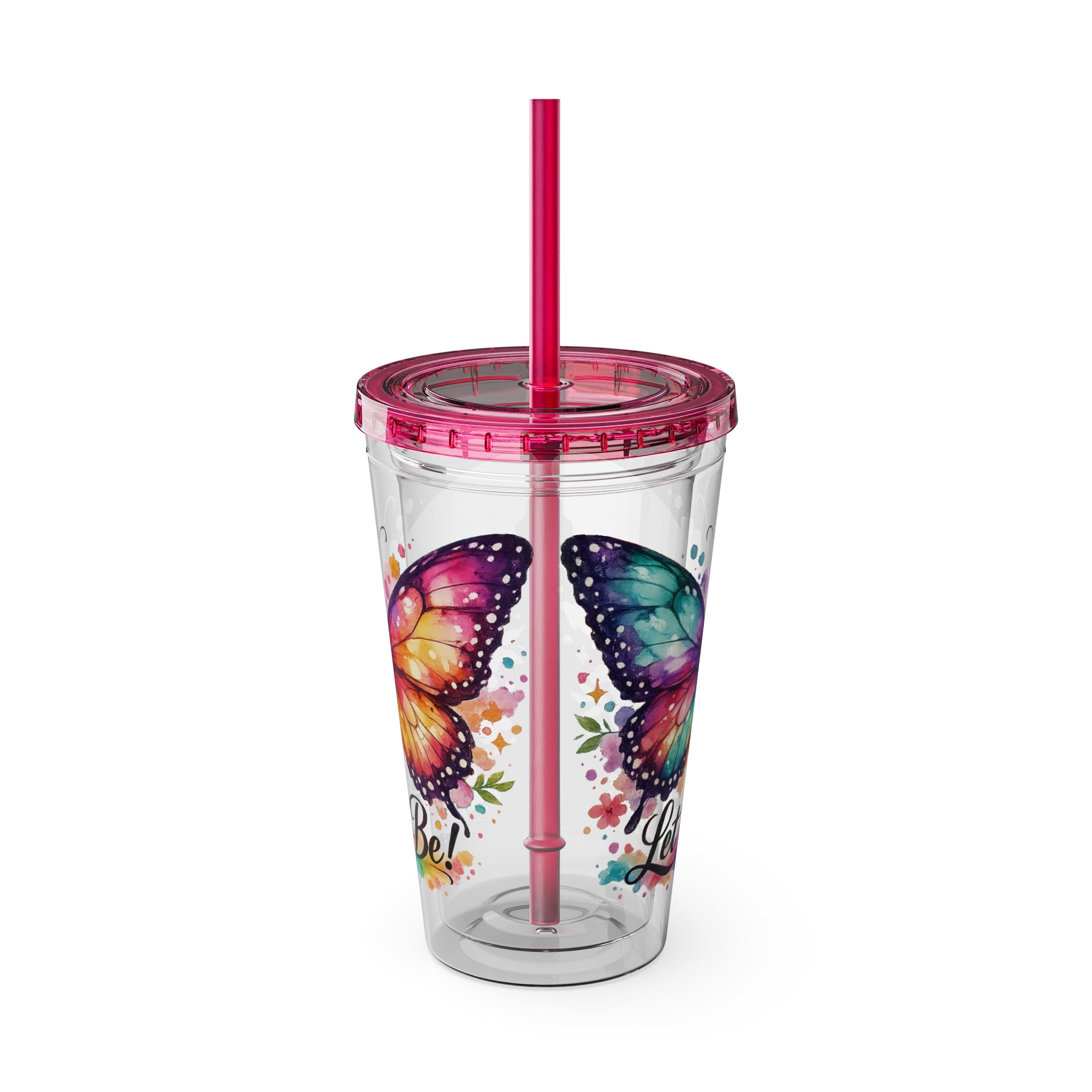 Butterfly 'Let It Be' 16oz Tumbler with Straw — Colorful Floral Summer Drink Cup