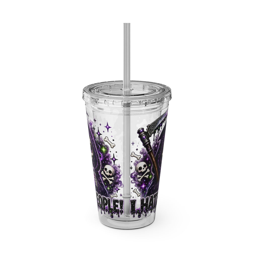 16oz Tumbler with Straw — Purple Grim Reaper “I Hate People” Graphic Cold Cup