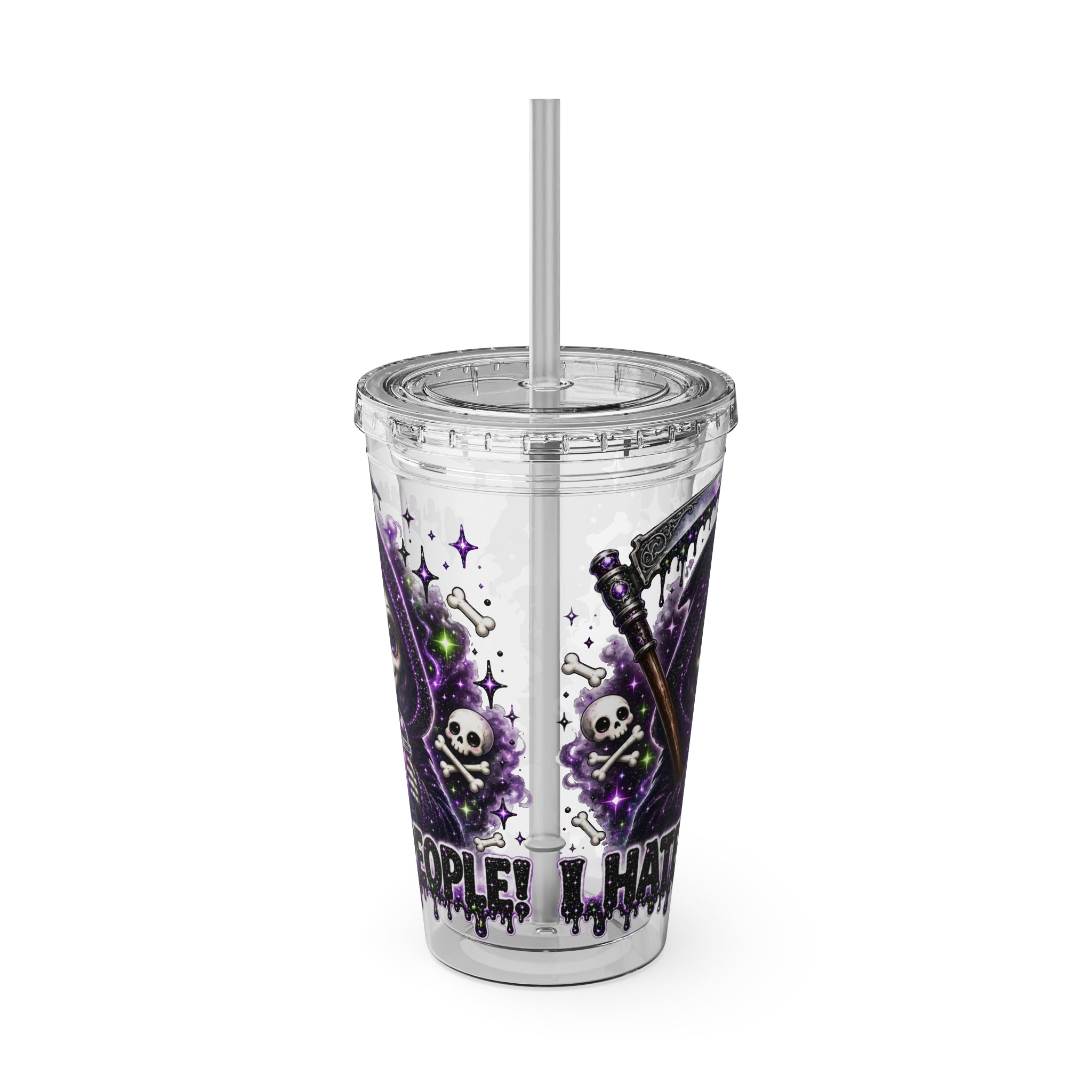 16oz Tumbler with Straw — Purple Grim Reaper “I Hate People” Graphic Cold Cup