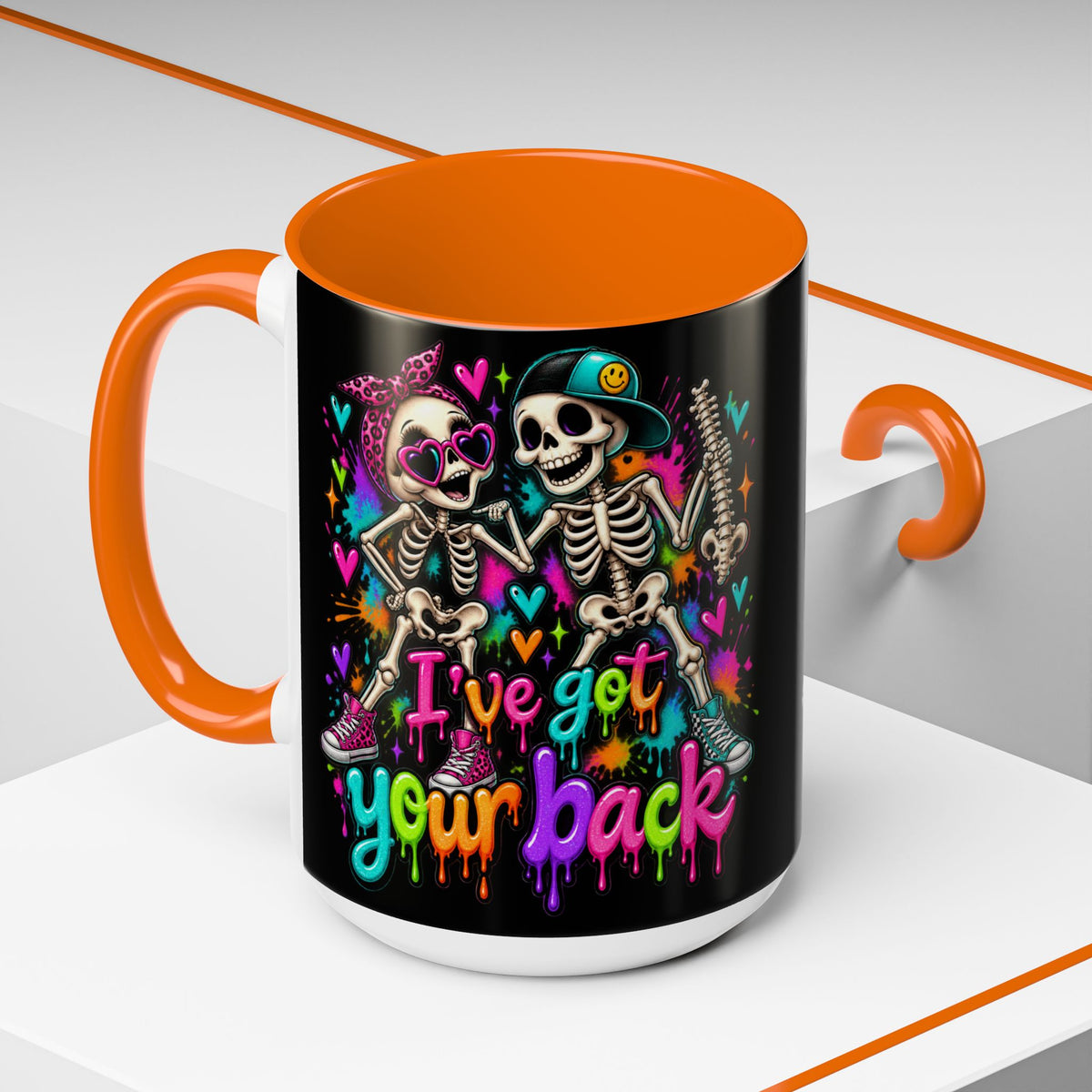 "I’ve Got Your Back" Skeleton Coffee Mug — Colorful Gothic Accent 11/15oz