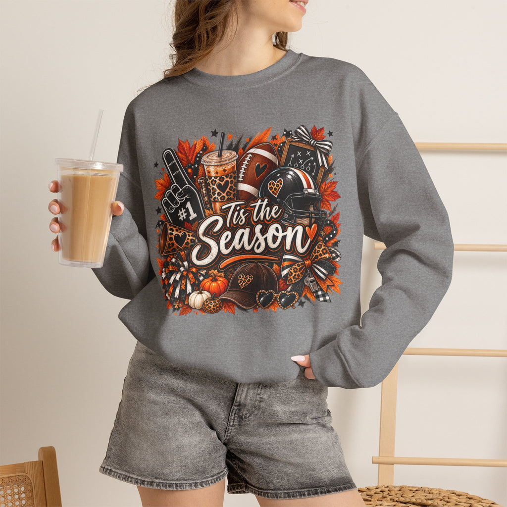 Tis the Season Fall Sweatshirt - Cozy Autumn Leaves & Football Crewneck