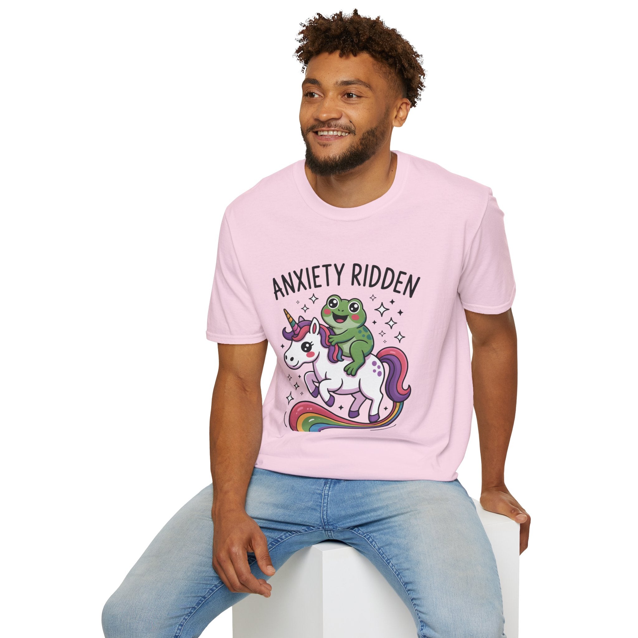 Anxiety Ridden Frog on Unicorn T-Shirt — Cute Mental Health Awareness Graphic Tee