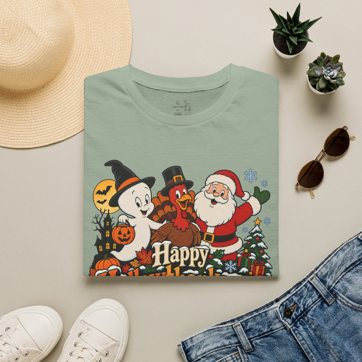 Halloween Thanksgiving Christmas Mashup Tee — "Happy HallowThanksMas This Year"