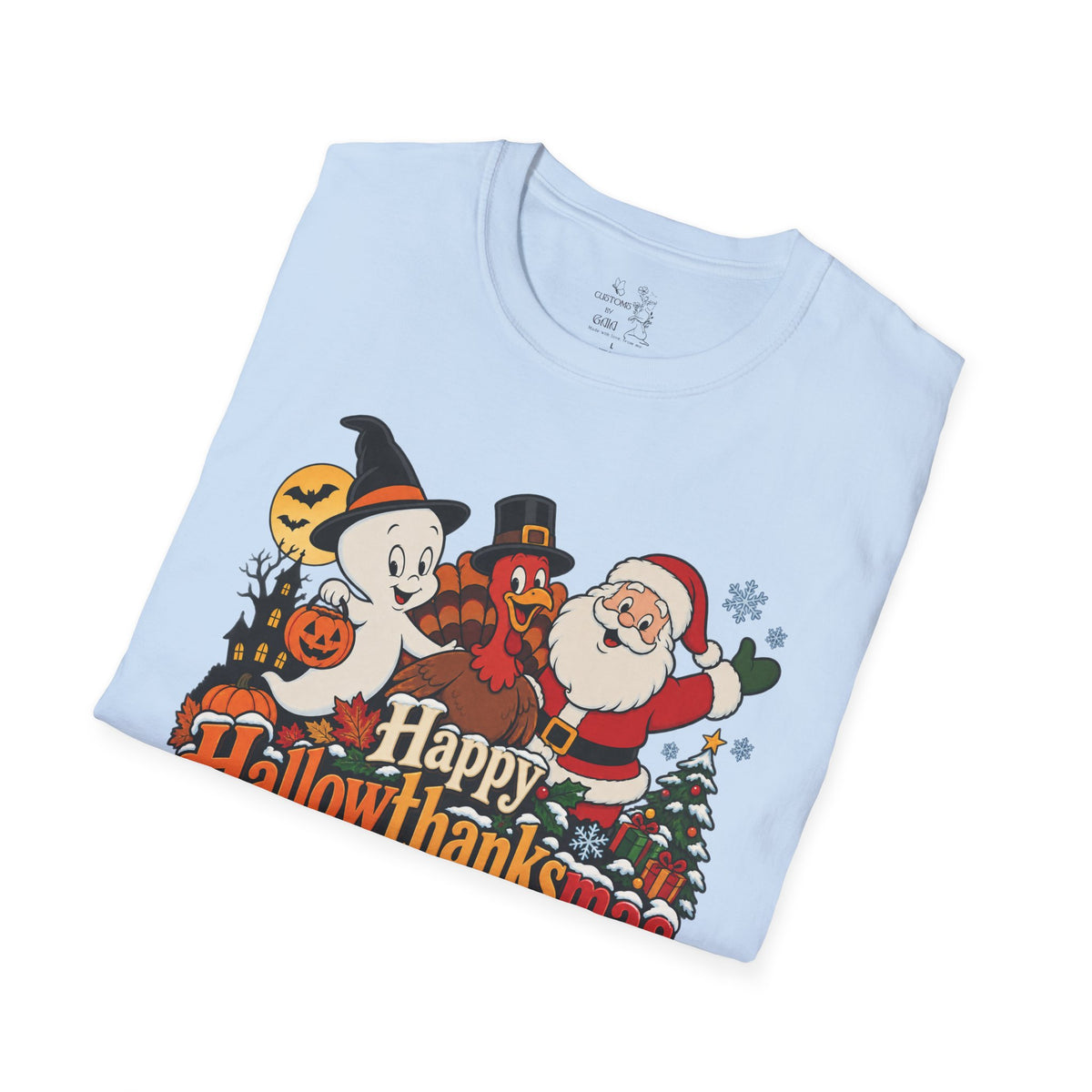 Halloween Thanksgiving Christmas Mashup Tee — "Happy HallowThanksMas This Year"