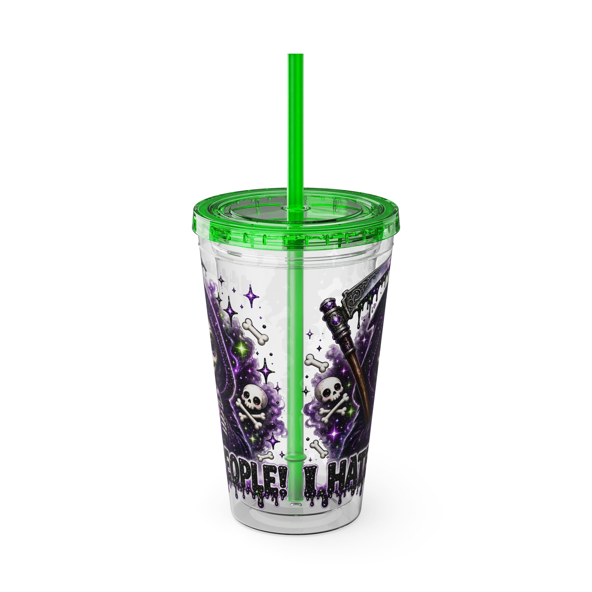 16oz Tumbler with Straw — Purple Grim Reaper “I Hate People” Graphic Cold Cup