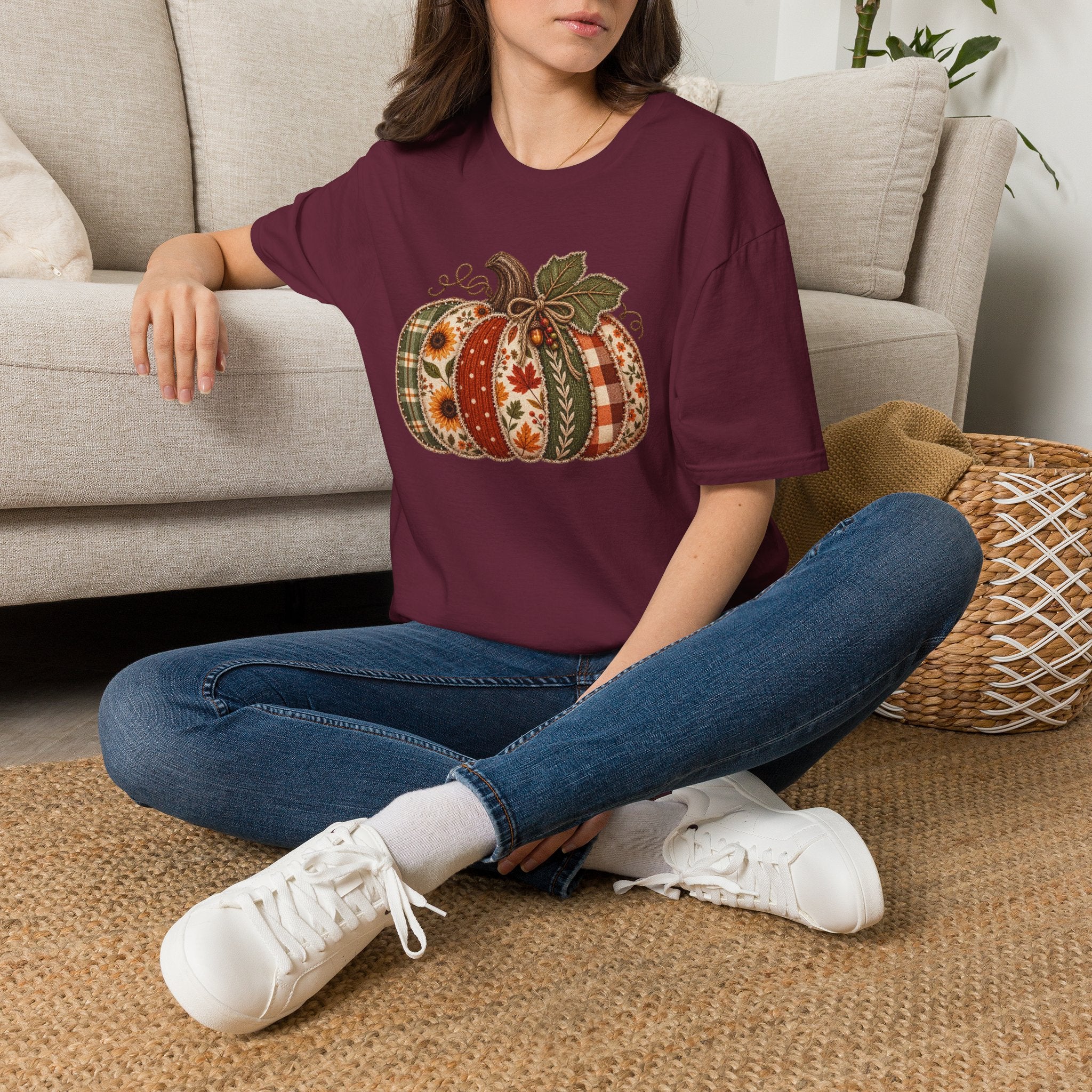 Fall Patchwork Pumpkin T-Shirt — Plaid & Floral Autumn Tee