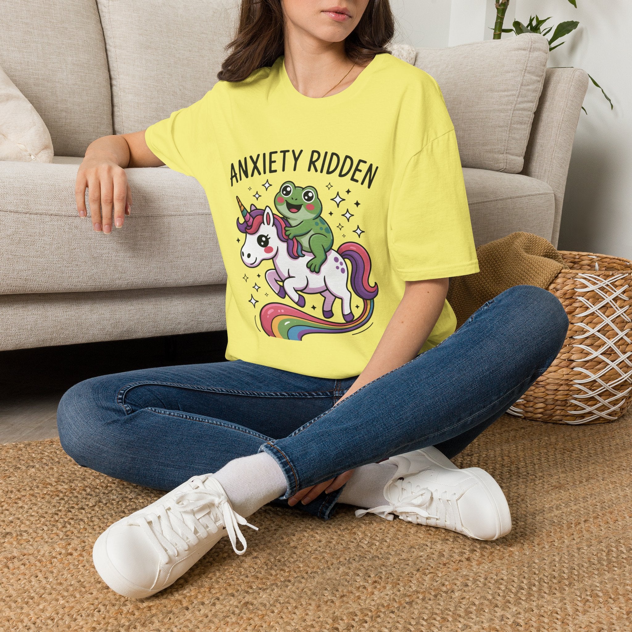 Anxiety Ridden Frog on Unicorn T-Shirt — Cute Mental Health Awareness Graphic Tee