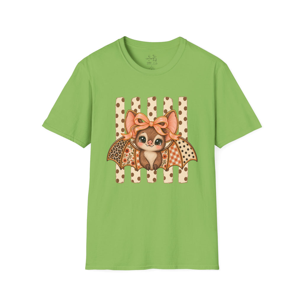 Cute Bat Tee — Adorable Bat with Bow Graphic T-Shirt (Leopard Striped Background)