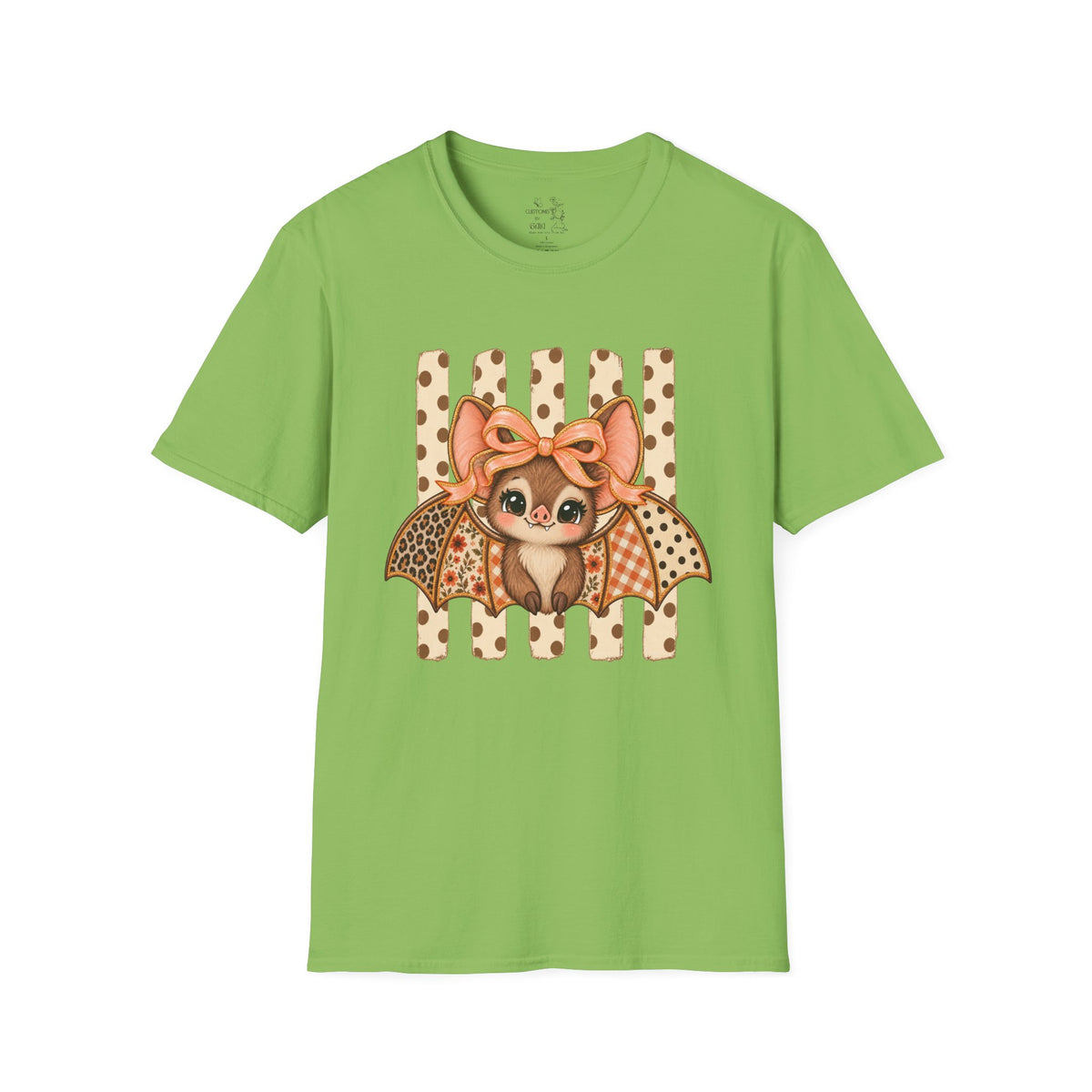 Cute Bat Tee — Adorable Bat with Bow Graphic T-Shirt (Leopard Striped Background)