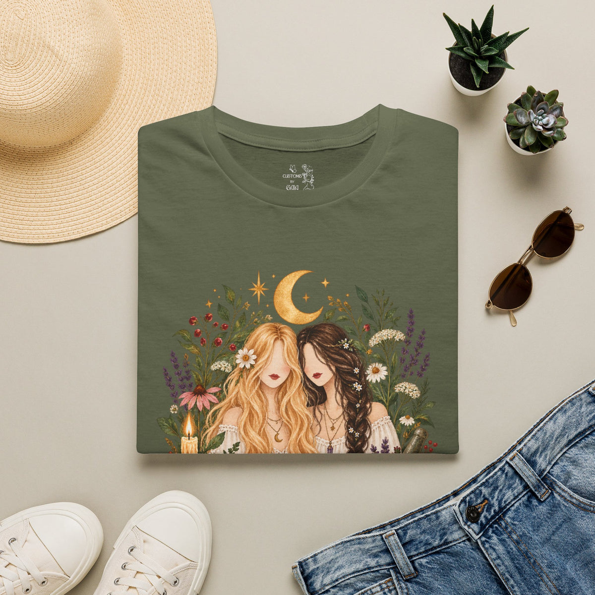 Witchy Sisters T-Shirt – 'Practical Magic' Boho Moon Witch Illustration