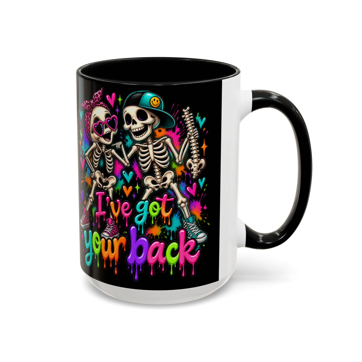 "I’ve Got Your Back" Skeleton Coffee Mug — Colorful Gothic Accent 11/15oz