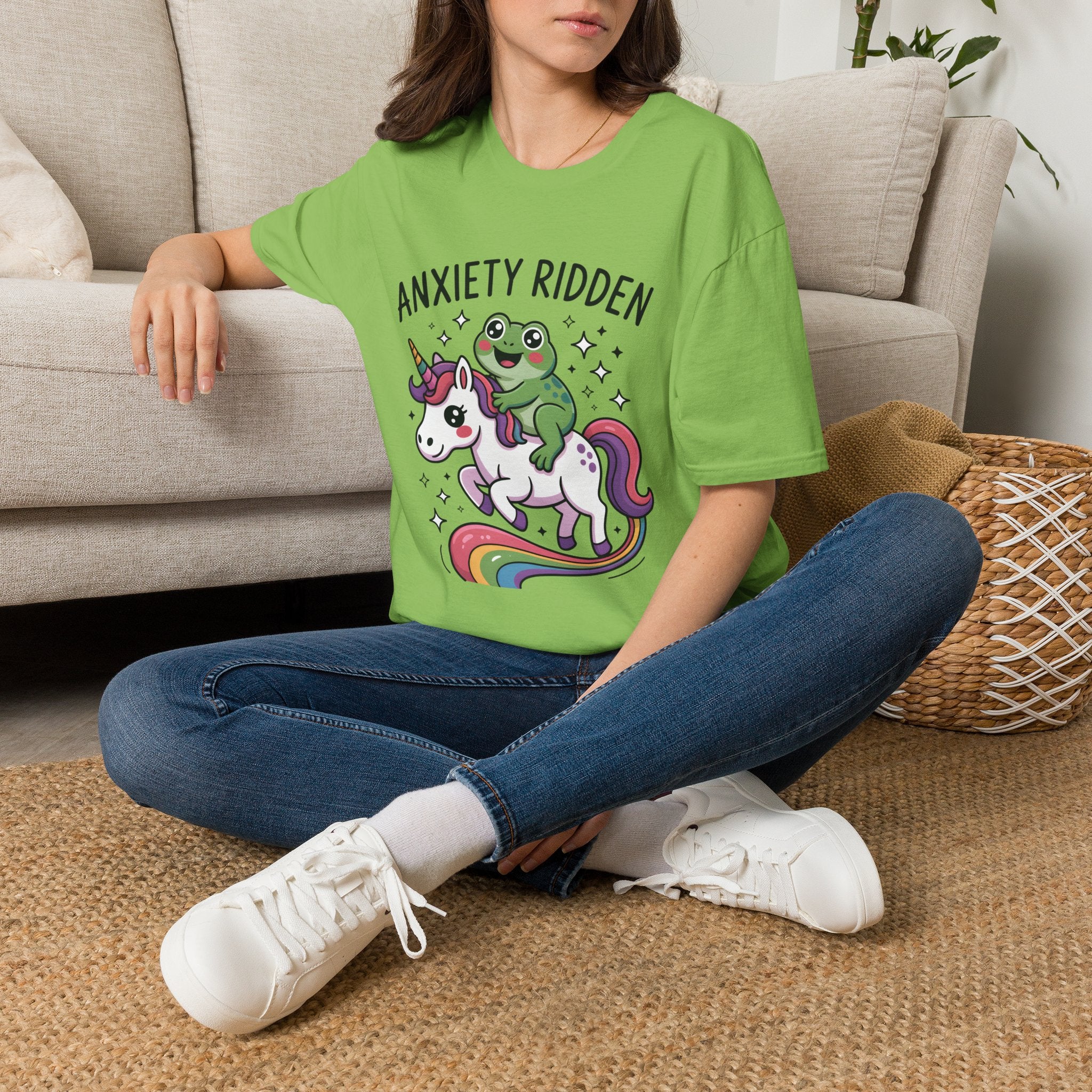 Anxiety Ridden Frog on Unicorn T-Shirt — Cute Mental Health Awareness Graphic Tee